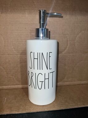 Rae Dunn White Ceramic SHINE BRIGHT Lotion Dispenser with Silver Pump